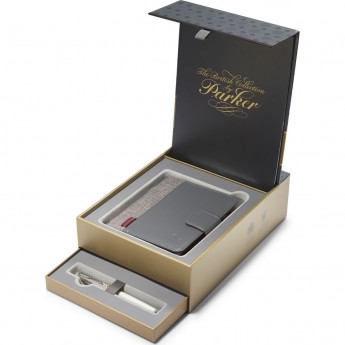 Подарочный набор PARKER: Ручка перьевая PREMIUM SONNET METAL & PEARL CT с блокнотом и органайзером